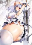  1girl apron arms_up ass azur_lane bangs black_hairband blush breasts center_frills choker cuffs dido_(azur_lane) frilled_choker frills gijang hairband large_breasts long_hair looking_at_viewer open_mouth pink_eyes silver_hair sleeveless solo sword thighhighs thighs underboob underboob_cutout waist_apron weapon white_apron white_legwear 