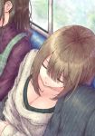  1boy 2girls aramachi breasts brown_hair cleavage closed_eyes commentary_request highres multiple_girls original pov sleeping sleeping_on_person solo_focus sweater train_interior 