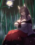  1girl animal_ears bamboo bamboo_forest bare_shoulders breasts brown_hair cleavage cloud collarbone commentary_request feet_out_of_frame forest full_moon gem hair_between_eyes imaizumi_kagerou large_breasts long_hair long_skirt long_sleeves moon nature night off-shoulder_shirt off_shoulder otoufu_(wddkq314band) outdoors red_eyes red_skirt ruby_(gemstone) shirt sitting skirt solo tail touhou tree_stump very_long_hair white_shirt wolf_ears wolf_girl wolf_tail 