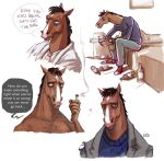  alcohol anthro bed beverage bojack_horseman bojack_horseman_(character) bottle cigarette ciorane clothed clothing english_text equid equine furniture hi_res horse male mammal netflix signature simple_background smoking solo speech_bubble sweater text topwear white_background 