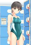  1girl absurdres aqua_swimsuit black_hair bob_cut breasts competition_swimsuit contrapposto cowboy_shot green_eyes highres indoors locker locker_room looking_at_viewer one-piece_swimsuit original short_hair small_breasts solo standing swimsuit takafumi 