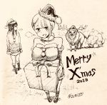  2018 2girls antlers bag bare_shoulders beard boots breast_rest breasts breath christmas facial_hair full_body fur_trim ghost greyscale hana_(mieruko-chan) hat highres izumi_(toubun_kata) large_breasts long_hair looking_at_viewer merry_christmas mieruko-chan monochrome monster multiple_girls open_mouth reindeer reindeer_antlers santa_boots santa_costume santa_hat short_hair sketch smile twitter_username yotsuya_miko 