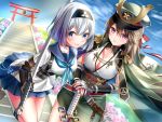  2girls long_hair rukinya short_hair stairs sword tagme_(character) weapon 