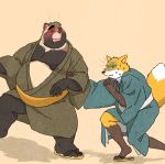  2018 anthro belly bodily_fluids canid canine clothing duo eyes_closed footwear fox hi_res humanoid_hands kemono male mammal overweight overweight_male raccoon_dog rentcg robe sandals simple_background sweat tanuki 
