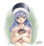  1girl bangs black_eyes blue_hair blue_headwear breast_press breasts character_print closed_mouth collarbone eyebrows_visible_through_hair fairy_tail fur-trimmed_hat gray_fullbuster heart heart_pillow juvia_lockser long_hair looking_at_viewer mashima_hiro medium_breasts nude official_art pillow signature sketch smile solo upper_body white_background 