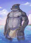  2018 3_fingers absurd_res alien blue_eyes clothing disney fingers gantu grey_body grey_nipples grey_skin hi_res lilo_and_stitch loincloth looking_at_viewer male musclegut navel nipples no_sclera outside partially_submerged slugsdog solo standing wet 