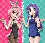  2girls ahoge animal_ears aqua_background black_leotard black_neckwear blue_swimsuit bow bowtie breasts brown_legwear bunny_ears bunny_tail bunnysuit checkered checkered_background commentary_request copyright_name cowboy_shot detached_collar hinata_yukari ki_(adotadot) leotard long_hair looking_at_viewer multiple_girls nonohara_yuzuko old_school_swimsuit pantyhose pink_background pink_hair purple_eyes purple_hair red_eyes school_swimsuit short_hair small_breasts smile strapless strapless_leotard swimsuit tail wrist_cuffs yuyushiki 