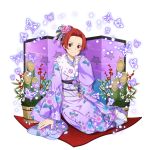  1girl blue_ribbon blush closed_mouth floral_print flower fur-trimmed_kimono fur_trim furisode hair_bun hair_flower hair_intakes hair_ornament hair_ribbon highres japanese_clothes kimono long_sleeves looking_at_viewer obi official_art pink_flower pink_rose print_kimono purple_kimono purple_ribbon red_eyes red_hair ribbon rose sash shiny shiny_hair short_hair sitting smile solo sword_art_online tabi tiese_schtrinen transparent_background white_legwear wide_sleeves 