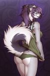 anthro bottomless breasts butt canid canine canis clothed clothing domestic_dog f-r95 female fur grey_spots hair looking_at_viewer looking_back mammal presenting presenting_hindquarters purple_hair raised_tail shirt simple_background solo spots tank_top topwear underwear white_body white_fur 