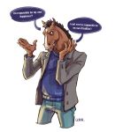  anthro bojack_horseman bojack_horseman_(character) ciorane clothed clothing english_text equid equine horse jacket male mammal netflix signature simple_background solo speech_bubble sweater text topwear white_background 