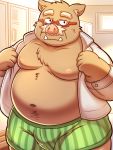  2020 anthro belly bulge clothed clothing hi_res humanoid_hands kemono lako male mammal moobs navel nipples open_shirt overweight overweight_male shirt solo suid suina sus_(pig) topwear underwear wild_boar 
