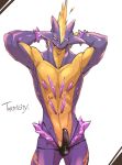  amped_toxtricity clothed clothing erection erection_under_clothing front_view hands_behind_head male nintendo pok&eacute;mon pok&eacute;mon_(species) portrait purple_body sasamix solo three-quarter_portrait tongue topless toxtricity video_games yellow_body 