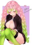  1girl absurdres black_skirt blush breasts cleavage closed_eyes coat good_kneehighs_day gradient_hair green_hair green_legwear heart highres invisible_chair kanroji_mitsuri kimetsu_no_yaiba knees_together_feet_apart large_breasts lips long_hair long_sleeves miniskirt mole mole_under_eye monmoke123 multicolored_hair partially_unbuttoned pink_hair pleated_skirt purple_background ribbed_legwear simple_background sitting skirt smile solo thighhighs thighs tri_braids two-tone_background two-tone_hair uniform white_background zettai_ryouiki 