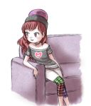  1girl bare_shoulders blush_stickers choker couch hecatia_lapislazuli kamekichi27 long_hair looking_to_the_side oota_jun&#039;ya_(style) open_mouth polos_crown red_eyes red_hair shirt short_sleeves shorts simple_background sitting smile solo touhou white_background 