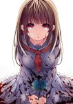  1girl :o bangs blood blood_on_face bloody_clothes blue_flower blue_sailor_collar blue_serafuku blue_shirt blue_skirt blush breasts brown_hair commentary_request creek_(moon-sky) crying crying_with_eyes_open eyebrows_visible_through_hair flower frilled_skirt frills hands_together highres holding holding_flower long_hair long_sleeves looking_at_viewer medium_breasts neckerchief original own_hands_together parted_lips red_eyes red_neckwear sailor_collar school_uniform serafuku shirt simple_background skirt solo tears white_background 