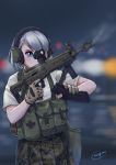  1girl absurdres assault_rifle blue_eyes blurry blurry_background camouflage commentary foregrip gloves gun headset highres holding holding_gun holding_weapon load_bearing_vest military millimeter original reloading rifle school_uniform silver_hair solo weapon weapon_request 