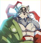  2020 abasirisippo abs anthro canid canine canis clothed clothing fur grey_body grey_fur hat headgear headwear male mammal muscular muscular_male pecs tattoo temujin tokyo_afterschool_summoners video_games wolf 