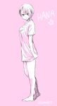  1girl :&gt; bare_legs barefoot character_name full_body hana_(mieruko-chan) highres izumi_(toubun_kata) looking_at_viewer looking_to_the_side mieruko-chan monochrome pink_background shirt short_hair short_sleeves simple_background standing twitter_username 