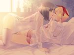  1boy 1girl amagai_kosame ass bed black_hair blonde_hair blue_bra blue_panties bra chin_grab closed_eyes collared_shirt couple dress_shirt eyepatch french_kiss hand_on_another&#039;s_shoulder kiss long_sleeves mahou_shoujo_site on_bed open_clothes open_shirt otoko_no_ko panties pillow puriketsu_corgy red_bra red_panties saliva saliva_trail see-through shirt short_hair suirenji_kiyoharu thighhighs tongue tongue_out underwear wet wet_clothes white_legwear white_shirt 