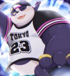  2020 absurd_res alp_(tas) anthro belly blsuh clothing fur giant_panda hat headgear headwear hi_res humanoid_hands kemono kwzu mammal one_eye_closed overweight purple_body purple_fur shirt solo tokyo_afterschool_summoners topwear ursid video_games white_body white_fur wink 