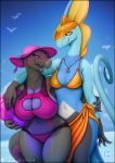  2020 5_fingers anthro beach big_breasts bikini black_body black_scales blue_body blue_scales breast_size_difference breasts clothing colored_nails date digital_media_(artwork) duo eyelashes female fingers hand_on_shoulder hat headgear headwear hi_res inteleon long_tail nails navel nintendo non-mammal_breasts open_mouth pok&eacute;mon pok&eacute;mon_(species) purple_body purple_scales purple_sclera reptile salazzle scales scalie seaside signature smile sunhat swimwear teeth text url vader-san video_games yellow_eyes 