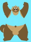  2020 anthro balls belly blue_background brown_body brown_fur canid canine eyes_closed fur genitals hi_res kemono male mammal navel overweight overweight_male raccoon_dog sessa simple_background solo tanuki 