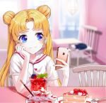  1girl bad_id bad_pixiv_id bishoujo_senshi_sailor_moon blonde_hair blue_eyes blurry blurry_background cake cat cellphone double_bun earrings floating_hair food grin head_rest highres holding holding_phone indoors iren_lovel jewelry long_hair looking_to_the_side luna_(sailor_moon) phone shiny shiny_hair shirt short_sleeves smartphone smile solo tsukino_usagi twintails upper_body very_long_hair white_shirt 