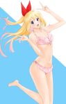 1girl :d absurdres bangs barefoot bikini blonde_hair blue_background blue_eyes bow breasts cleavage collarbone double_v floating_hair gradient_hair groin hair_between_eyes hair_bow highres kirisaki_chitoge long_hair looking_at_viewer multicolored_hair navel nisekoi open_mouth pink_bikini pink_hair red_bow shiny shiny_hair small_breasts smile solo standing standing_on_one_leg swimsuit two-tone_background v very_long_hair white_background yumemo 