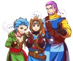  3boys aopanda beard blue_eyes blue_hair bob_cut brown_hair camus_(dq11) cosplay double_v dragon_quest dragon_quest_xi earrings facial_hair gloves greig_(dq11) hero_(dq11) jewelry male_focus multiple_boys necklace pectorals purple_hair roto roto_(cosplay) simple_background spiked_hair spoilers v white_background 