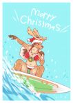  absurd_res anthro antlers bell border christmas christmas_clothing christmas_headwear clothing deer english_text female green_clothing hat headgear headwear hi_res holidays horn mammal navel new_world_deer red_clothing reindeer rigi santa_hat solo surfboard surfing text vehicle water watercraft white_border x_navel 