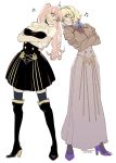  2girls anger_vein blonde_hair blue_eyes blue_hairband boots constance_von_nuvelle crossed_arms darkgreyclouds fire_emblem fire_emblem:_three_houses garreg_mach_monastery_uniform hairband high_heel_boots high_heels hilda_valentine_goneril long_hair long_sleeves multicolored_hair multiple_girls parted_lips pink_eyes pink_hair purple_hair simple_background thighhighs twintails uniform white_background 