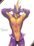  amped_toxtricity bulge clothed clothing front_view hands_behind_head male nintendo pok&eacute;mon pok&eacute;mon_(species) portrait purple_body sasamix solo three-quarter_portrait tongue topless toxtricity video_games yellow_body 
