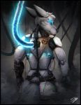  2019 android anthro biped black_border black_nose border cable canid canine cheek_tuft detailed_background digital_drawing_(artwork) digital_media_(artwork) facial_tuft fluffy fluffy_tail fox fur glitch glowing glowing_eyes grey_body head_tuft hi_res inside laboratory looking_at_viewer looking_back machine male mammal mostly_nude rear_view robot sarki science_fiction signature smoke solo standing tube tuft visor white_body white_fur 