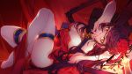  1girl absurdres bare_legs barefoot breasts china_dress chinese_clothes dress feet grandialee highres huge_breasts looking_at_viewer original red_dress red_eyes red_hair tangzhuang 
