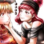  2girls bare_shoulders blonde_hair blush breasts choker commentary_request eye_contact eyebrows_visible_through_hair hand_on_another&#039;s_chin hecatia_lapislazuli junko_(touhou) kamekichi27 large_breasts looking_at_another multiple_girls red_eyes red_hair simple_background smile tassel touhou upper_body white_background yuri 
