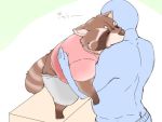  2019 4:3 anthro belly bottomwear butt clothing duo eyes_closed humanoid_hands inunoshippo japanese_text kemono mammal procyonid raccoon shorts slightly_chubby text 