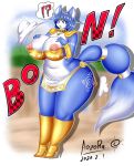  ?! anthro aozora areola blue_body blue_hair blue_tail breasts canid canine clothing dated female footwear fox hair hand_on_breast krystal loincloth mammal navel nintendo nipples pink_areola pink_nipples solo star_fox video_games 