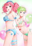  2girls :d :t animal_ears arm_grab bangs bikini blue_eyes blue_hair blue_hairband blush bracelet breasts bunny_ears closed_mouth collarbone fake_animal_ears floating_hair flower gradient_hair green_bikini green_hair groin hair_between_eyes hair_flower hair_ornament hairband head_wreath highres jewelry leaning_forward long_hair looking_at_viewer macross macross_delta makina_nakajima medium_breasts multicolored_hair multiple_girls open_mouth pink_hair pointy_ears red_eyes reina_prowler shiny shiny_hair short_hair side-tie_bikini sideboob small_breasts smile standing swimsuit thigh_strap white_background yumemo 