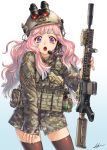  1girl american_flag assault_rifle camouflage commentary foregrip gun handgun headset helmet holding holding_gun holding_weapon holster holstered_weapon kws load_bearing_vest long_hair m4_carbine m4_sopmod_ii military night_vision_device open_mouth original pink_hair pistol purple_eyes rifle solo suppressor thighhighs weapon weapon_request zettai_ryouiki 
