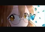  1girl :o =o bangs brown_hair bug butterfly butterfly_wings close-up glasses hair_between_eyes highres insect insect_wings kazehana_(spica) kunikida_hanamaru looking_at_viewer love_live! love_live!_sunshine!! mitaiken_horizon open_mouth reflection simple_background solo white_background wings yellow_eyes 