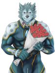  2019 5_fingers blue_eyes bouquet breke canid canine canis clothed clothing fingers fur grey_body grey_fur hi_res humanoid_hands ipangherefun mammal signature tokyo_afterschool_summoners video_games wolf 