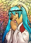  2020 anthro blue_hair brown_eyes canid canine canis cheems clothed clothing doge domestic_dog hair hatsune_miku mammal meme praying robe shiba_inu solo spitz stained_glass vocaloid whiskers yuzuhitsuji 