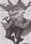 &lt;3 anthro braixen breasts canid canine choker ear_tuft female fluffy fluffy_tail genitals girlsay hi_res inner_ear_fluff jewelry mammal monochrome necklace nintendo nipples patreon pok&eacute;mon pok&eacute;mon_(species) pussy small_breasts solo stick tuft video_games 