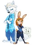  anthro barefoot blue_eyes bottomwear brown_body brown_fur canid canine cheek_tuft clothed clothing crossed_arms crossover disney duo_focus facial_tuft fox frozen_(movie) fully_clothed fur group judy_hopps lagomorph leporid looking_at_another mammal necktie nick_wilde pants police_uniform princess_anna_(frozen) queen_elsa_(frozen) rabbit shirt standing tiningots topwear tuft uniform white_body white_fur zootopia 