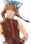  1boy animal_ear_fluff animal_ears aqua_eyes bandages blue_hair brown_shirt cat_ears commentary_request facial_mark fire_emblem fire_emblem:_path_of_radiance heterochromia kiyuu looking_at_viewer male_focus orange_headwear ranulf_(fire_emblem) red_eyes shirt simple_background sleeveless sleeveless_shirt smile upper_body white_background wrist_wrap 