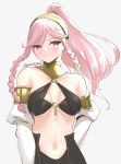  1girl armlet bangs bare_shoulders blush braid breasts cleavage cowboy_shot dancer detached_sleeves fire_emblem fire_emblem_awakening fire_emblem_heroes grey_background hairband highres long_hair looking_at_viewer medium_breasts midriff navel o-ring o-ring_top olivia_(fire_emblem) parted_bangs pink_eyes pink_hair ponytail side_braids simple_background skeptycally smile solo twin_braids twitter_username underboob 