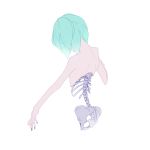  1other bare_shoulders blue_hair blue_nails ears_visible_through_hair from_behind hip_bones houseki_no_kuni kohaku_989 looking_down nail_polish nude phosphophyllite ribs short_hair simple_background skeleton solo spine upper_body white_background 