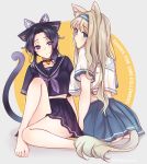  2girls adapted_costume animal_ears bangs bare_legs barefoot bell bell_collar black_hair black_skirt blonde_hair blue_eyes blue_skirt breasts butterfly_hair_ornament cat_ears cat_tail choker collar crossover darling_in_the_franxx english_text eyebrows_visible_through_hair full_body gradient_hair grey_background hair_ornament hairband kimetsu_no_yaiba kochou_shinobu kokoro_(darling_in_the_franxx) kyarotto_(zenkixd) long_hair looking_at_viewer looking_back medium_breasts midriff miniskirt multicolored_hair multiple_girls parted_bangs parted_lips pleated_skirt purple_eyes purple_hair purple_neckwear sailor_collar school_uniform seiyuu_connection serafuku short_hair short_sleeves simple_background sitting skirt tail thank_you thighs twitter_username two-tone_background two-tone_hair yellow_background 