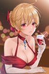  1girl alcohol bangs bare_shoulders beads blonde_hair blurry blush bokeh bow braid breasts choker cleavage collarbone cup depth_of_field dress drinking_glass earrings elbow_gloves formal glint gloves granblue_fantasy hair_bow highres holding holding_cup jewelry light_particles lipstick looking_at_viewer makeup myusha off_shoulder pendant red_bow red_dress red_eyes red_lips solo updo upper_body vira_lilie white_gloves wine wine_glass 