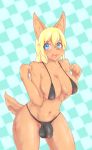  absurd_res alternate_version_at_source balls_outline blonde_hair blue_eyes breasts bulge canid canine clothed clothing genital_outline gynomorph hair hi_res intersex mammal navel nipple_outline open_mouth penis_outline rigi x_navel 